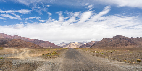 Scenic high altitude mountain landscape panorama on Pamir Highway, Murghab, Gorno Badakhshan, Tajikistan