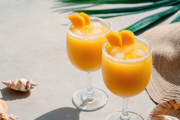 Bright tropical drinks adorned with mango slices, surrounded by