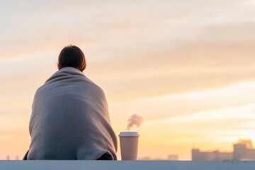 Warm blanket wrap, serene sunrise view, steaming coffee cup, pea