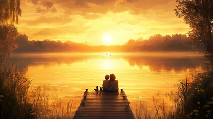 Mother and child embrace peaceful golden sunset scene on lake dock serenity