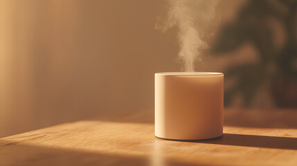Aroma Diffuser Emitting Scented Vapor on a Wood Surface. Serene and calming atmosphere indoors.