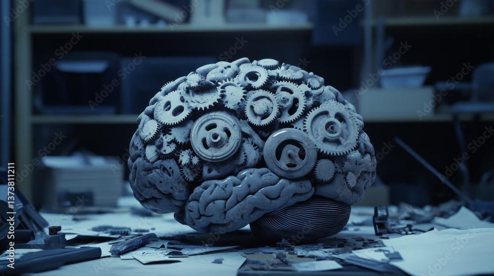 Poster a brain model intricately embedded with mechanical gears, resting on a cluttered desk in a dimly lit