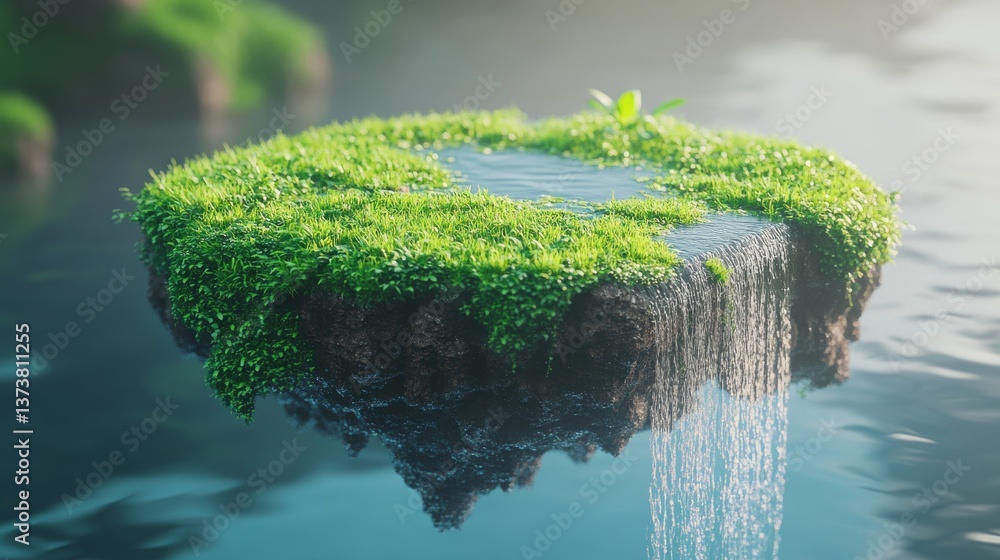 Poster a charming floating island with grass and a small pool leading to a gentle waterfall, surrounded by 