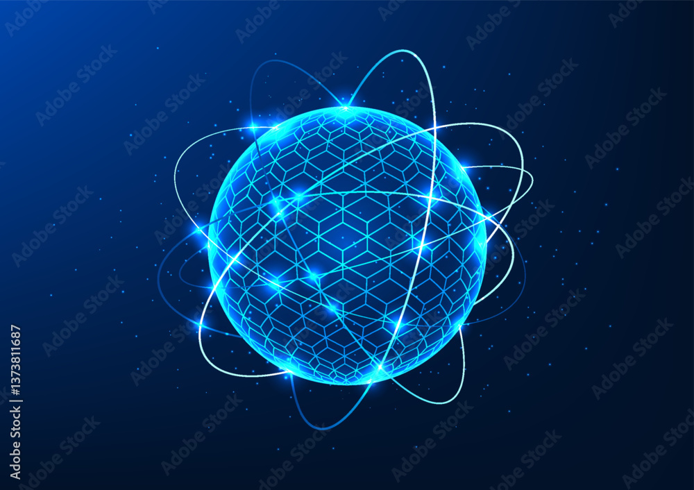 Poster quantum technology, a circular object surrounded by circuit lines reflecting quantum qubits, process