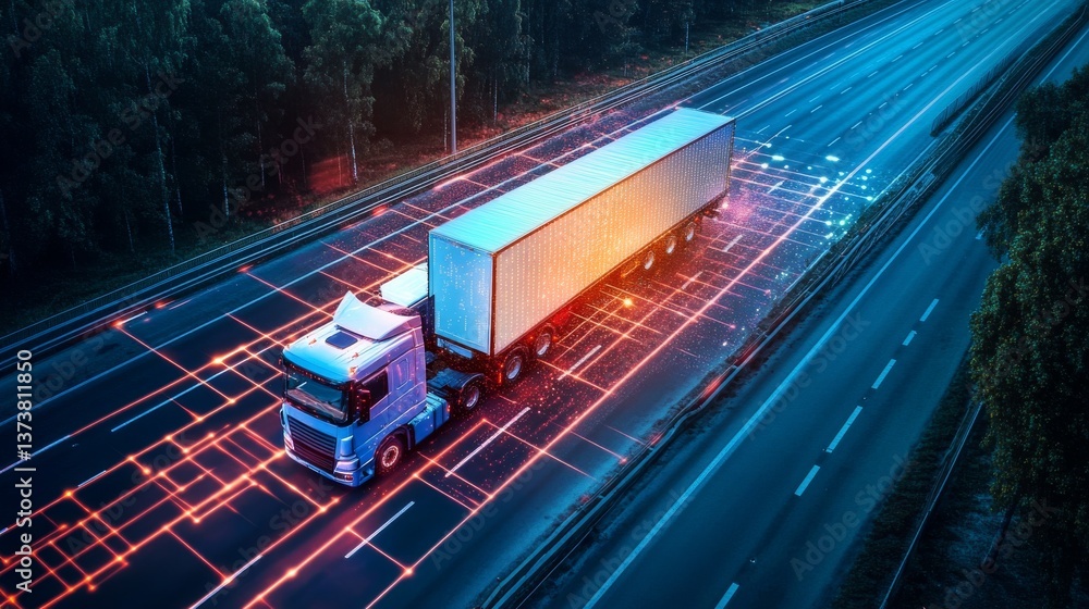 Poster a semi-truck navigates a high-tech highway with a vibrant digital overlay, illustrating autonomous v