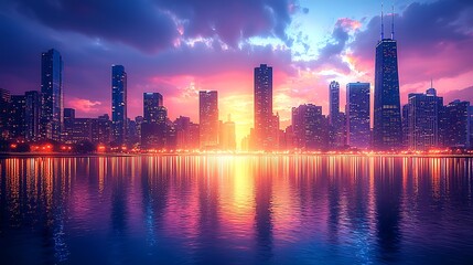 Fototapeta premium Chicago city skyline glowing with neon reflections high resolution image