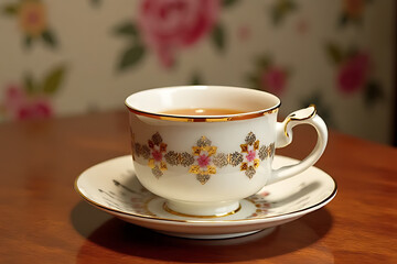 Fototapeta premium Enjoying a warm cup of tea at home cozy kitchen still life tranquil atmosphere close-up