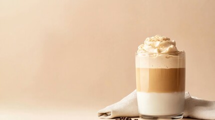 Creamy layered coffee drink with whipped topping against soft be