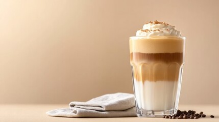 Creamy layered coffee topped with whipped cream, showcasing rich