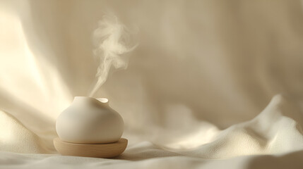 Aroma diffuser on soft fabric releases fragrance into the air, creating a calming atmosphere.