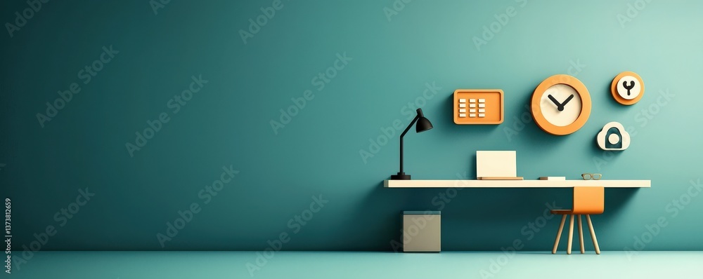 Poster productivity tools automation minimalist concept. modern workspace with clocks and a desk lamp on a 