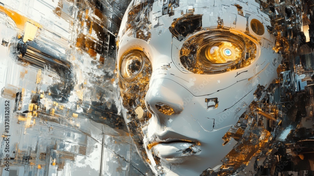 Poster a striking futuristic humanoid face adorned with robotic and digital components. the blend of human 