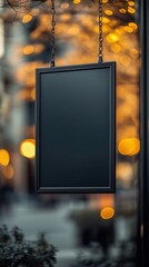 Mockup of a hanging rectangular blank sign with a matte black finish hanging from a steel rod.