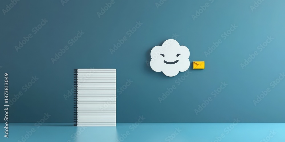 Aufkleber productivity tools automation minimalist concept. a notebook and a smiling cloud on a blue backgroun
