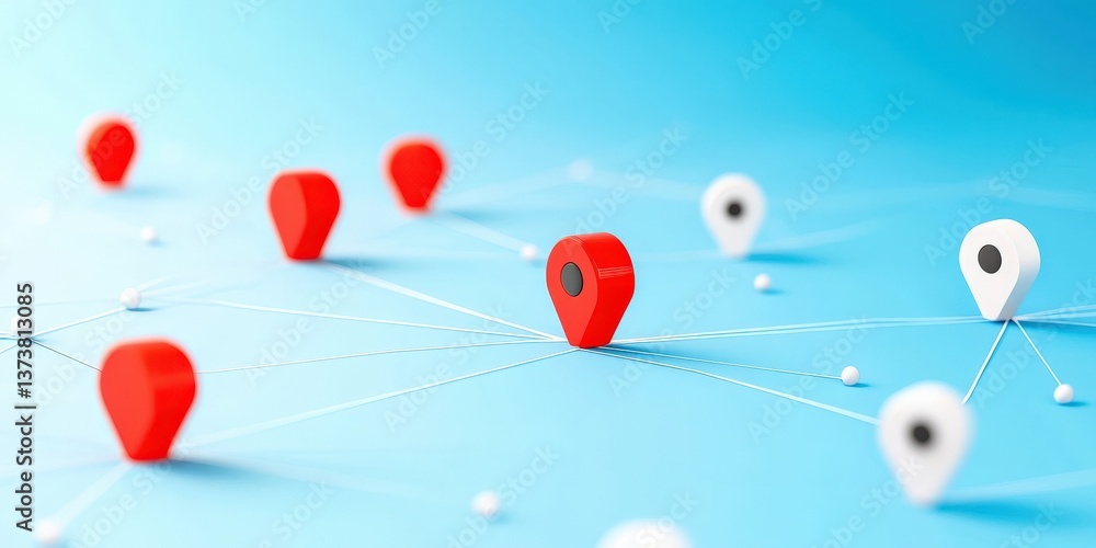 Poster productivity tools automation minimalist concept. digital map markers connected by lines against a b