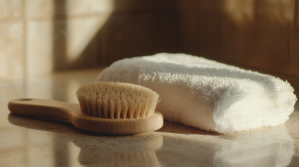 A gentle light shines on a wooden brush and soft white towel, evoking a sense of clean, natural comfort.