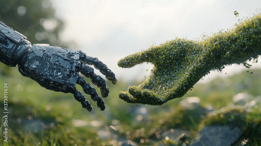 Poster a captivating visual of a robotic hand reaching out to a moss-covered hand, symbolizing the connecti