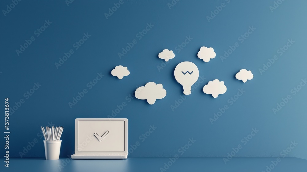 Poster productivity tools automation minimalist concept. modern workspace with cloud motifs and light bulb 