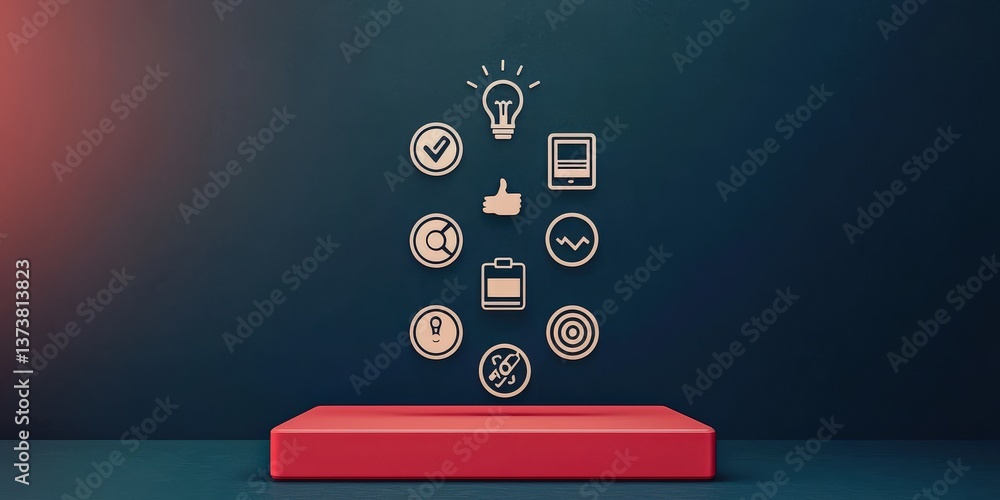 Poster productivity tools automation minimalist concept. floating icons above a red platform against a dark