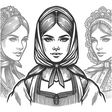 Russian women in traditional folk attire, featuring ornate headscarves, floral details, and embroidered garments sketch engraving generative ai raster illustration. Scratch board. Black and white.