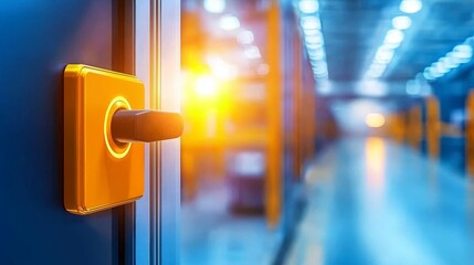 Orange Control Switch on Modern Industrial Door in Bright Warehouse Environment