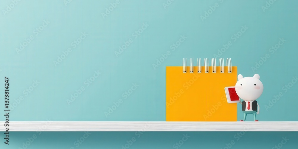 Poster productivity tools automation minimalist concept. cute cartoon character with a notebook on a shelf 