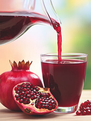 pouring squeezed fresh red pomegranate juice is from a clear pitcher into a clear glass. 