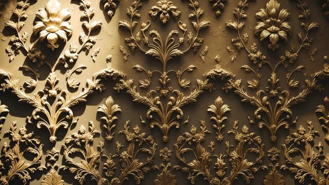 Artistic grunge vintage damask design, textured paper relief monochrome backdrop in shades of gold and brown.