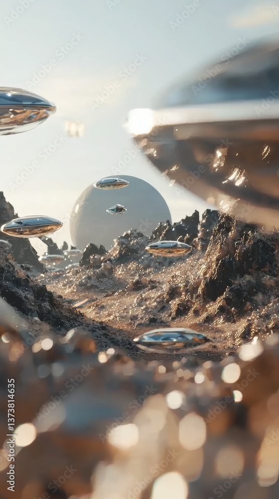 Wall mural close-up of silver spaceship surrounded by more ships in the distance with a planet in the backgroun