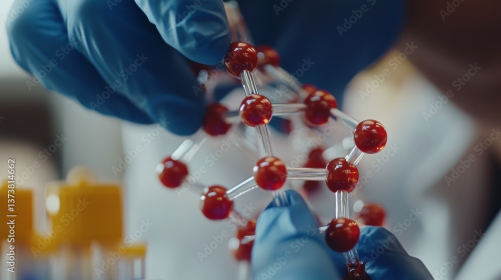 Poster close-up view of gloved hands adjusting a molecular model in a scientific environment, emphasizing p