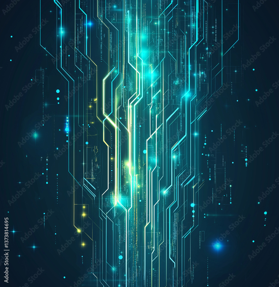 Poster futuristic abstract ai & data technology background glowing blue & teal lines, dots, waves & triangl