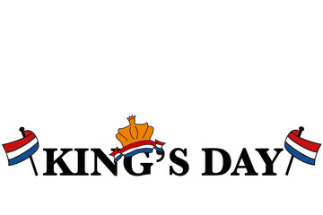 A vector illustration of the text "King's Day" designed for the Dutch national celebration, featuring the Netherlands flag and a crown