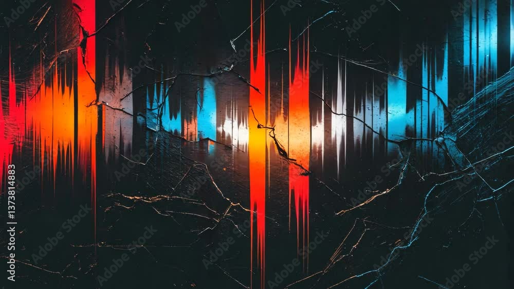 Poster glitch overlay. texture of a broken screen. fractured display. artifacts of blue, orange, and white 
