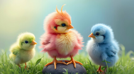 Fototapeta premium Three Colorful Chicks Standing on Grass in Soft Spring Light