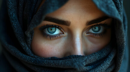 Fototapeta premium Woman with Piercing Blue Eyes Covered in a Dark Gray Hijab