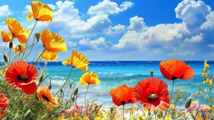 Obraz premium A picturesque nature landscape combining sand, sea, and blooms.