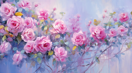 Pastel roses bloom gracefully against a soft blue backdrop in beautiful floral art