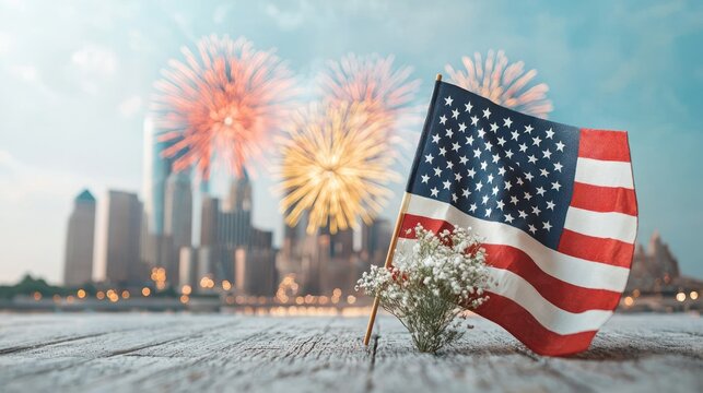 American flag with fireworks over city skyline
