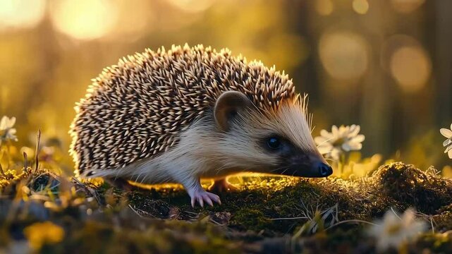 Hedgehog in forest. Portrait view of hedgehog on sunset