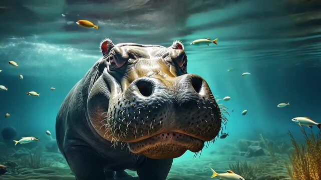 Hippo under water. African hippo swimming in water