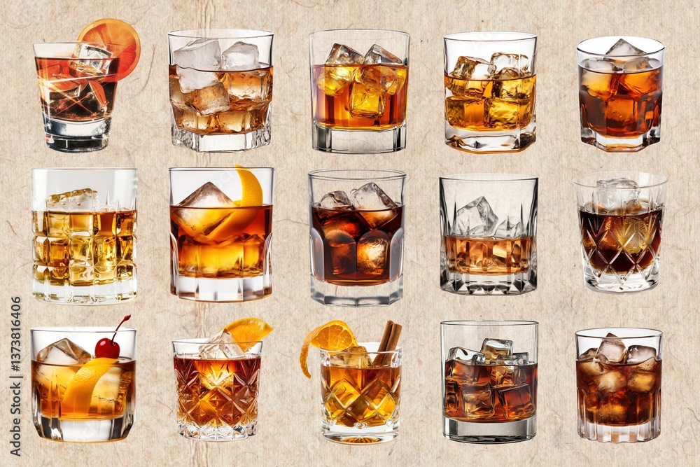 Poster assorted whiskey cocktails with ice set with isolated elements