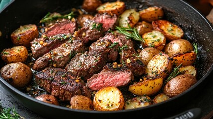 Seared steak and golden potatoes sizzle in a cast iron skillet. Rustic, hearty, and delicious