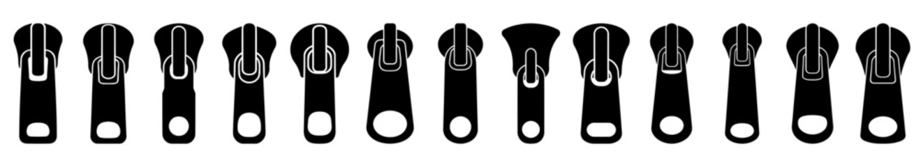 Zipper slide icon. Set of black zipper icons. Symbols of zipper. Editable stroke. Vector illustration.