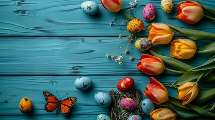 Obraz premium Colorful easter scene with bright tulips, butterflies, and ornately decorated eggs on wood