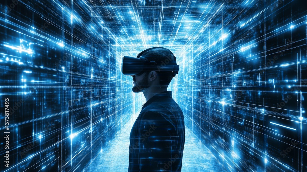 Poster a man fully engaged in virtual reality stands in a glowing blue corridor, surrounded by digital line