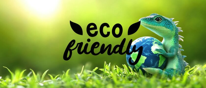 Cute green lizard hugging planet Earth with eco friendly message on a sunny day Concept of environmental protection, sustainability, and nature conservation