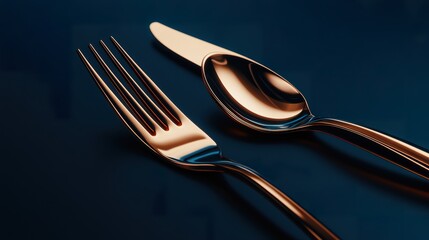 Elegant Rose Gold Cutlery Set on Dark Blue Background, High-Resolution Image