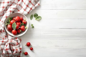 Vibrant fresh radishes arranged in a bowl on a rustic white wooden table for creative photography