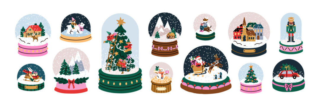 Christmas snow globes set. Festive winter transparent balls, glass crystal baubles with tree, santa claus, house. Magic snowglobes, snowballs. Flat vector illustration isolated on white background