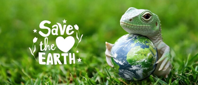 Cute green lizard holding a globe on the grass with a Save the Earth message, promoting environmental awareness and conservation - Powered by Adobe